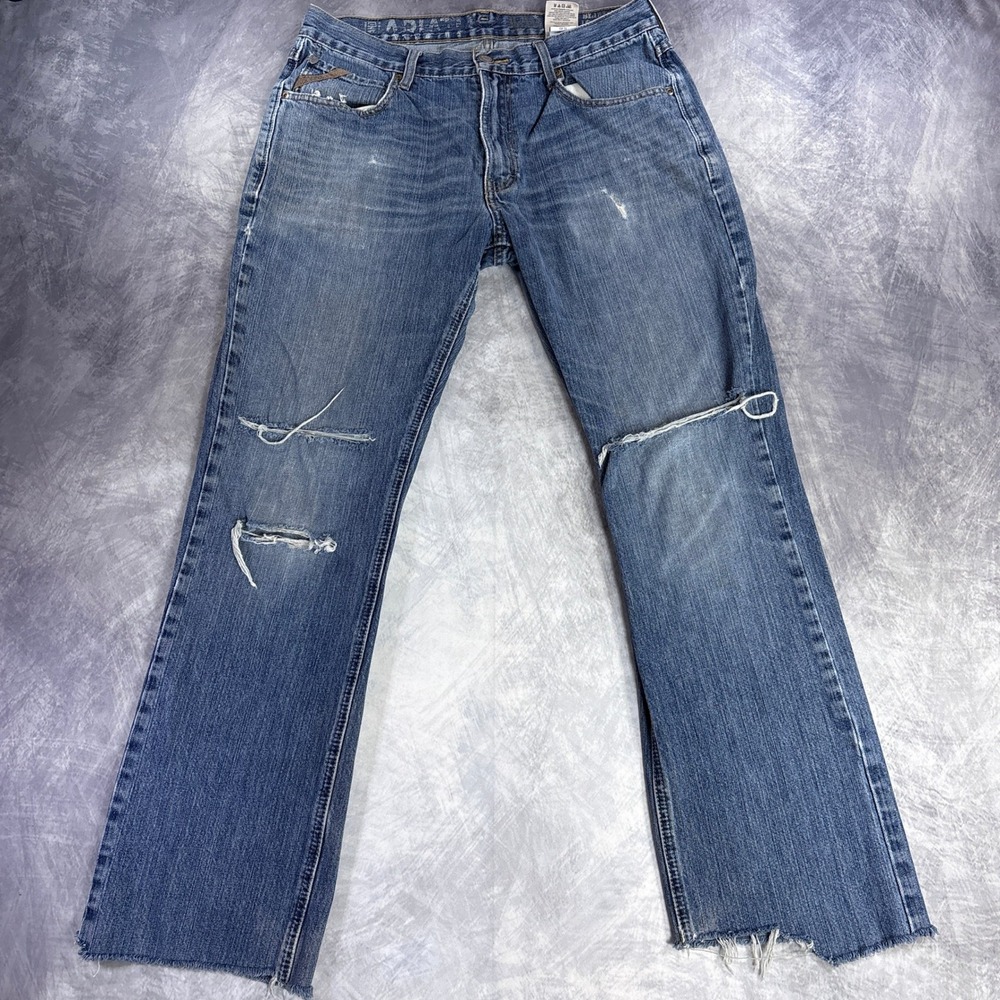 Ariat M5 Slim Straight Jeans Mens Tagged 34x36 Blue Distressed Raw Hem